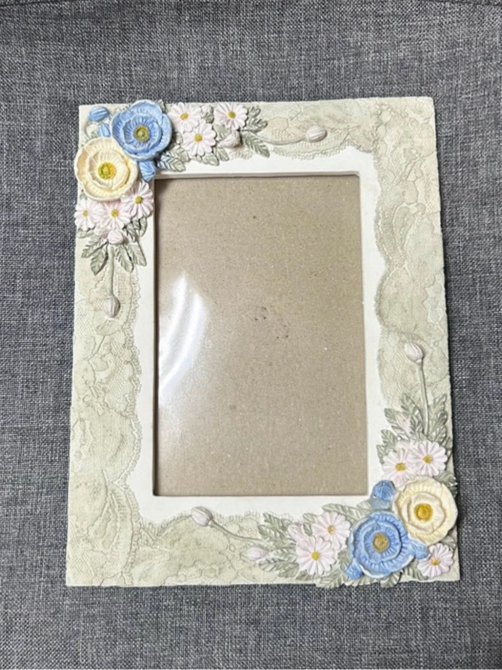 Floral Embossed Cream Picture Frame with Blue and Yellow Accents